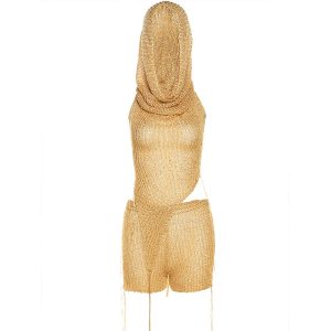 Summer New Arrivals Hooded Knit Sleeveless 2 Pieces Short Outfit Golden Sequins Women Glitter Two Piece Short Set