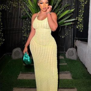 Kliou Solid Ruched Spaghetti Strap Bandage Maxi Dress Women Casual Sleeveless Backless Bodycon Ladies Party Streetwear Dresses